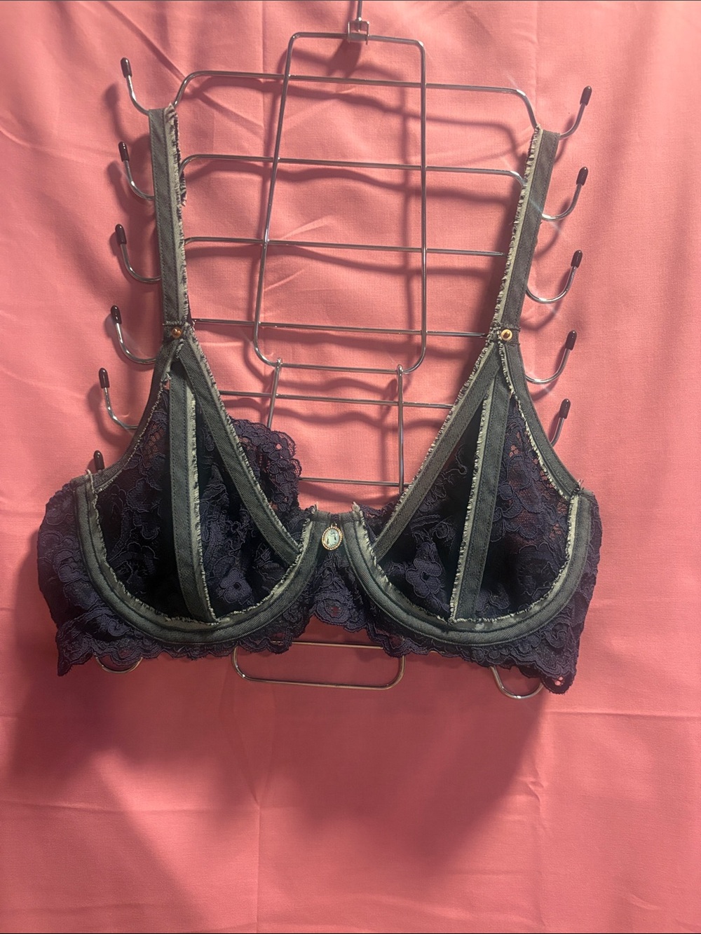 Savage X Fenty Navy Lace Underwire Bra with Denim Trim